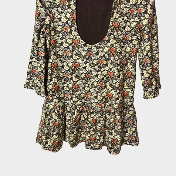 Free People The Avenue Brown Floral Ruffle Mini Dress Cut Out Back‎ M Boho - Picture 8 of 13